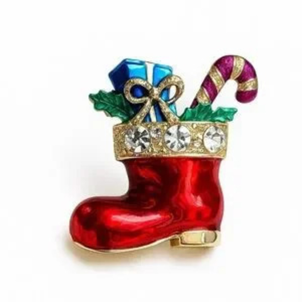 Festive Christmas Gold Red Boot Brooch with Crystals
